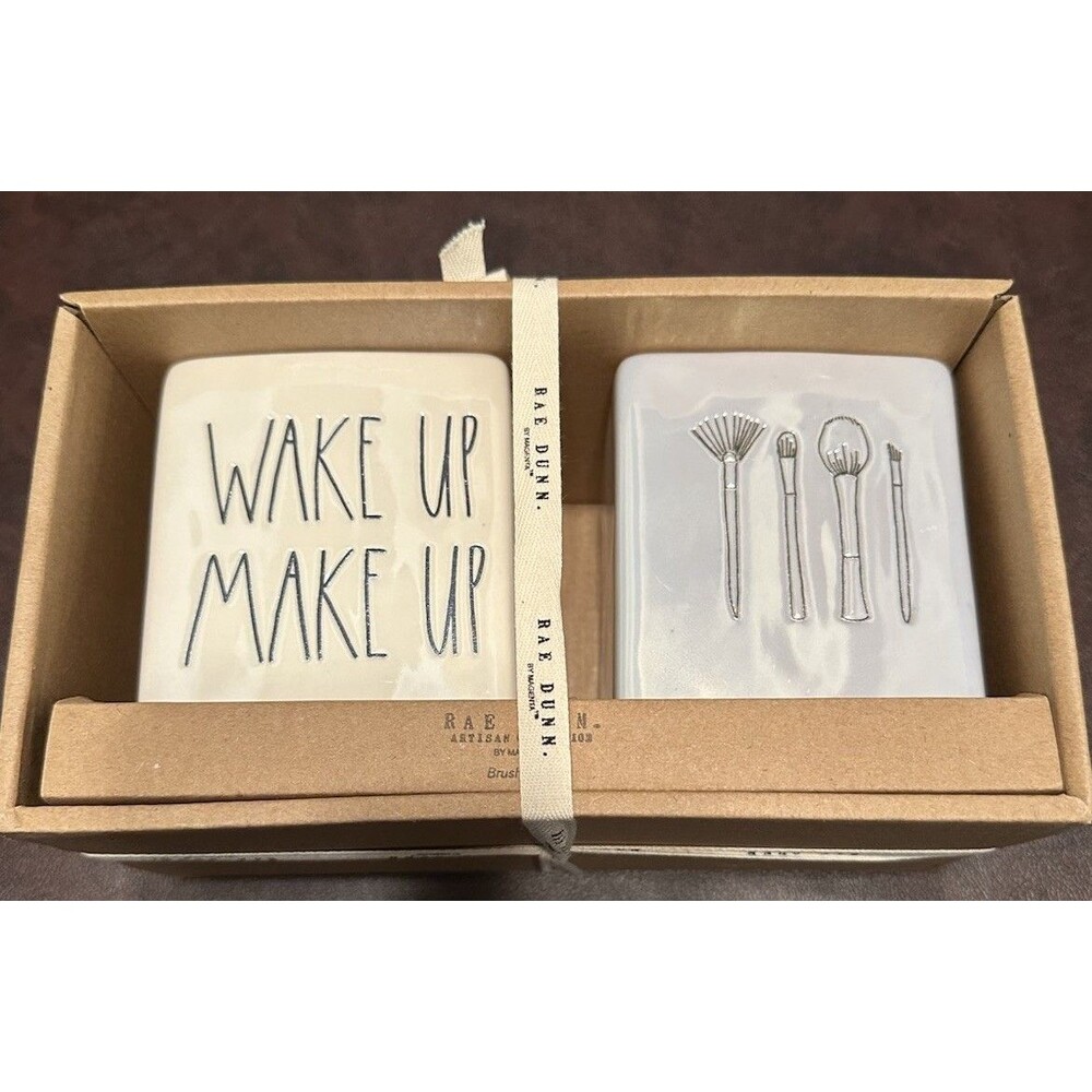 NEW Rae Dunn Make Up Wake Up Face Organizer Ceramic Vanity Bathroom